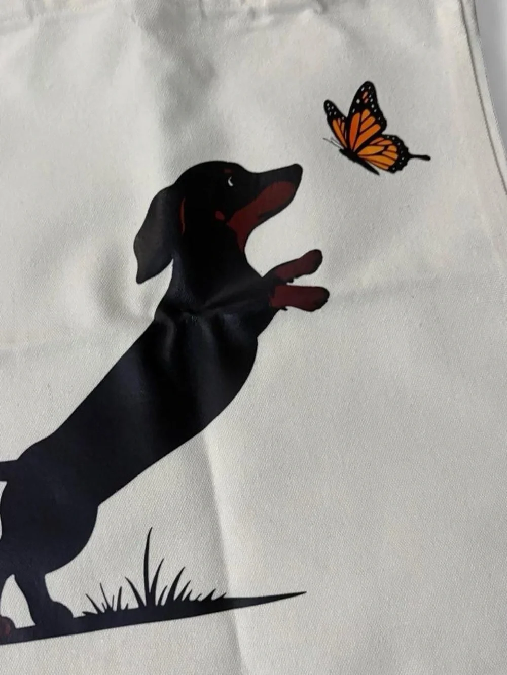 Blank Canvas Tote with Black Dachshund and Orange Butterfly Print